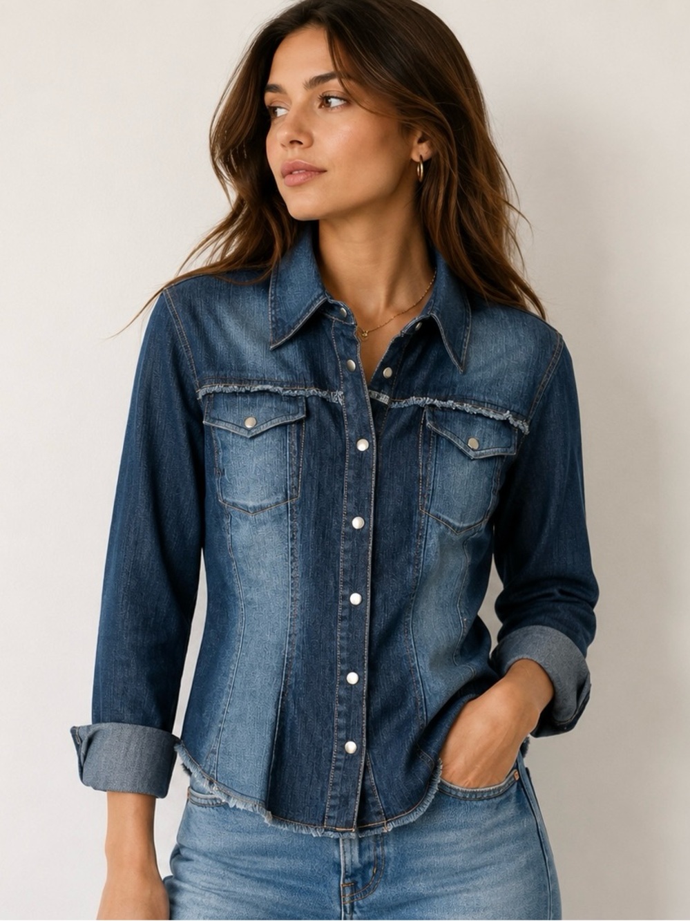 Vintage Bebe Y2K Denim Fitted Snap Button Shirt Jacket Frayed Hem Large Western